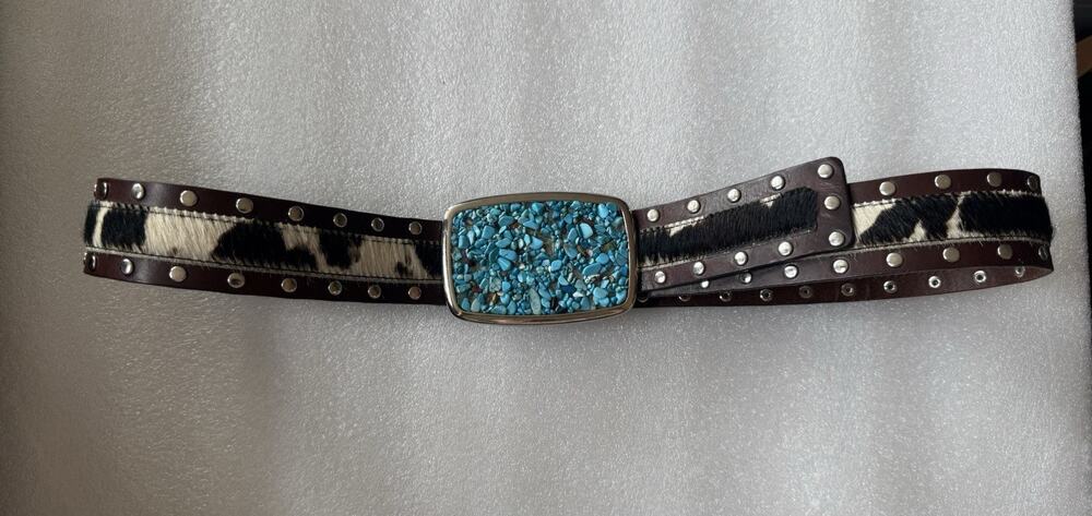 Brown Cow Print CALFHAIR Western Belt Turquoise Stones Buckle Western Studded M